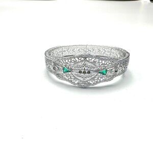 Vintage Art Deco Filigree Cuff Bracelet with Green & Black Glass Accents — EUC